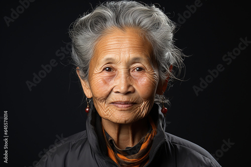 Studio portrait of elegant asian elderly old woman on different colours background © gaukharyerk