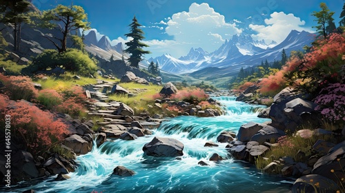 water flow illustration and other natural elements in an artistic background.