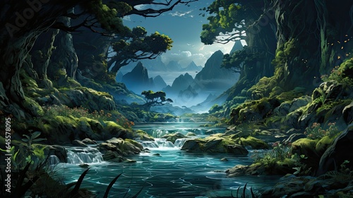 water flow illustration and other natural elements in an artistic background.