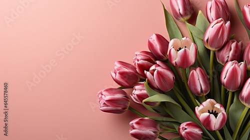 tulips on pink background, copy space