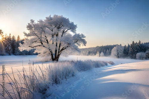 winter landscape with trees and fog