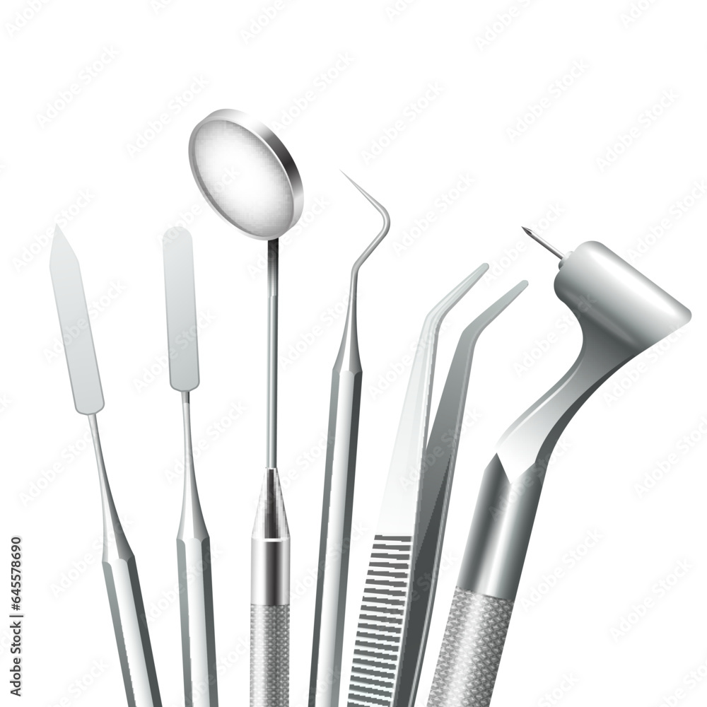 dental tools set for dentistry inspection. Teeth care, health concept. Basic metal medical equipment, instrument top view. Vector illustration isolated on white background dental tools set for dentistry inspection. Teeth care, health concept. Basic metal medical equipment, instrument top view. Vector illustration isolated on white background