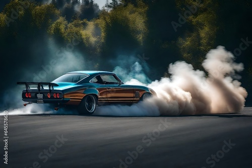 A detailed image of a close-up of a pejaro drifting with creating smoke © Transport Images