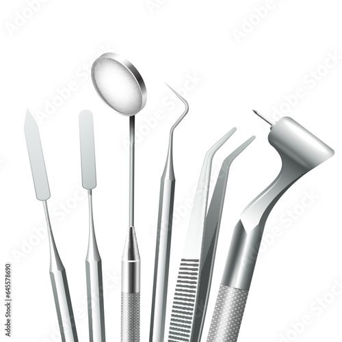 dental tools set for dentistry inspection. Teeth care, health concept. Basic metal medical equipment, instrument top view. Vector illustration isolated on white background