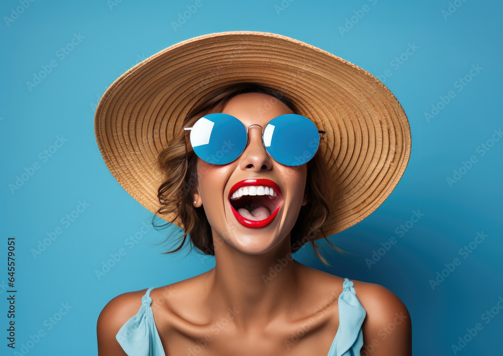Beautiful woman in hat and sunglasses on pink background. created by generative AI technology. Beautiful woman in hat and sunglasses on pink background. created by generative AI technology.