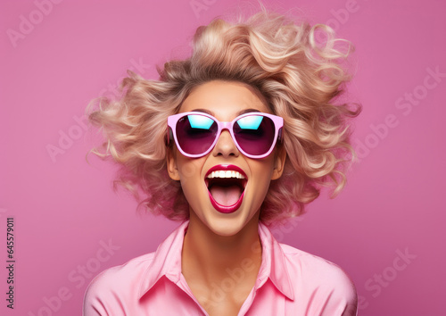 Portrait of a beautiful young woman with curly blonde hair and pink sunglasses. created by generative AI technology.