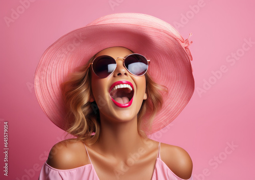 Beautiful woman in hat and sunglasses on pink background. created by generative AI technology.