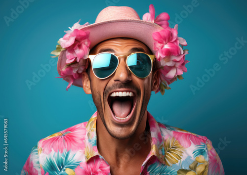 Handsome young man wearing flower hat and sunglasses shouting on blue background. created by generative AI technology. © hakule