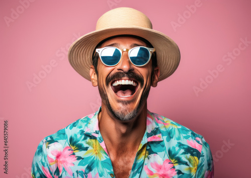 Handsome man wearing floral shirt and hat with sunglasses on pink background. created by generative AI technology. © hakule