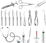 set of dental equipment,  dental instruments, caries under magnifier, orthodontics, tooth extraction, veneers, tooth whitening, implant, braces, calculus. Vector illustration.
