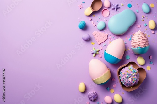 Easter cooking concept. Top view photo of animal shaped baking molds pink and blue easter eggs and sprinkles on isolated pastel violet background, Generative AI