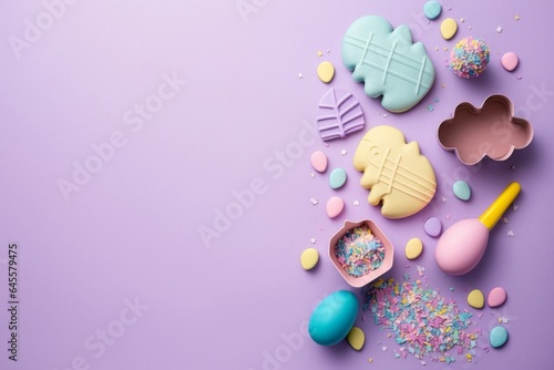 Easter cooking concept. Top view photo of animal shaped baking molds pink and blue easter eggs and sprinkles on isolated pastel violet background, Generative AI