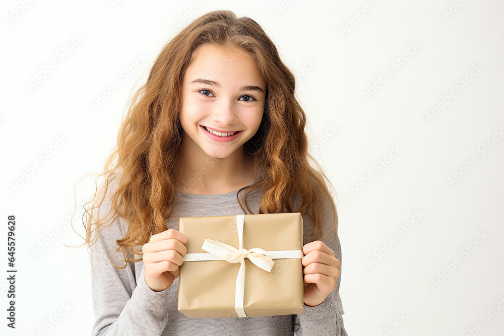Portrait of a young girl with long hair holding a gift with a bow, on a white background Portrait of a young girl with long hair holding a gift with a bow, on a white background
