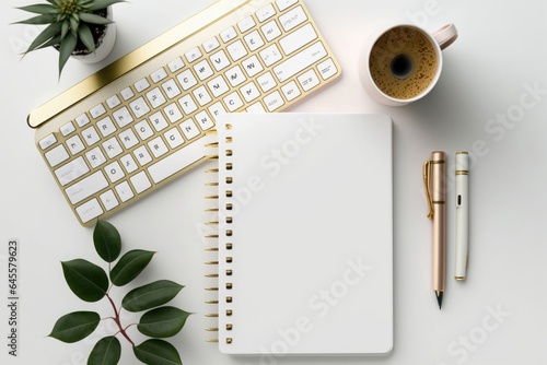 Business concept. Top view photo of workstation keyboard computer mouse eucalyptus cup of coffee gold pen binder clips and open notebook on isolated white background with empty space, Generative AI photo