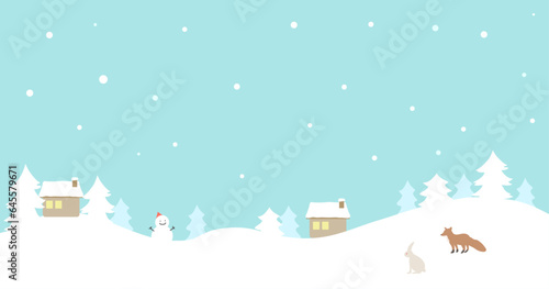 雪だるまとキツネとうさぎがいる雪景色