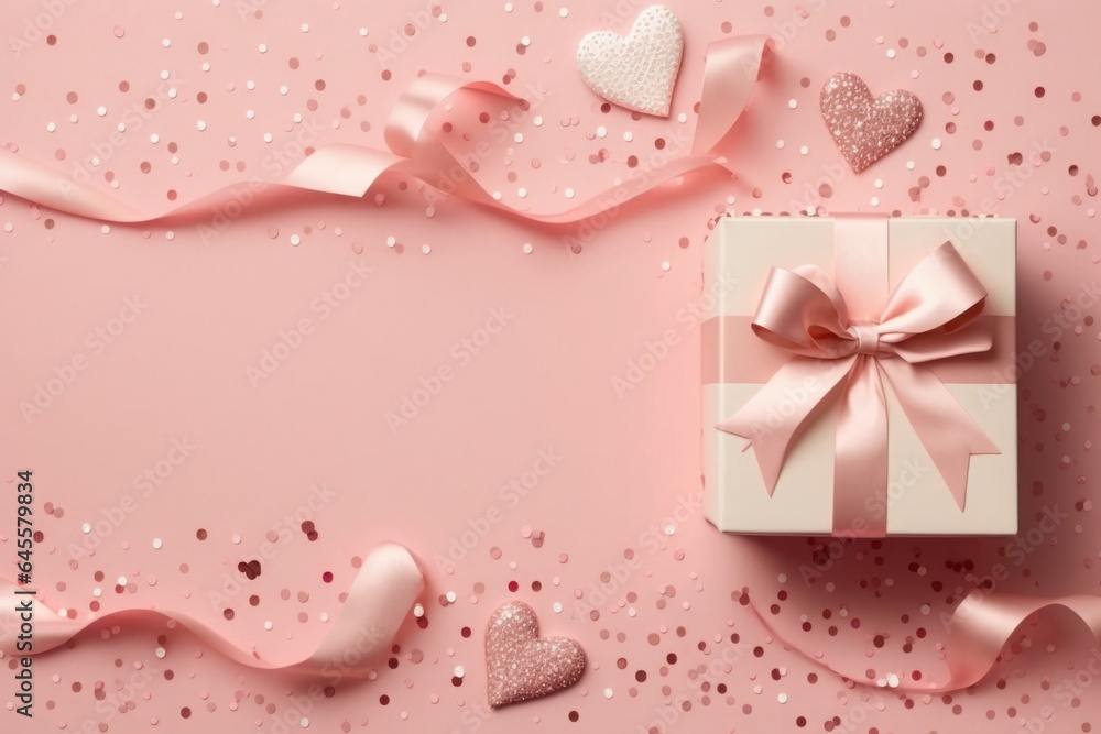 Top view photo of st valentine's day decorations white giftbox with bow pink curly ribbon small hearts and sequins on isolated pastel pink background with empty, Generative AI