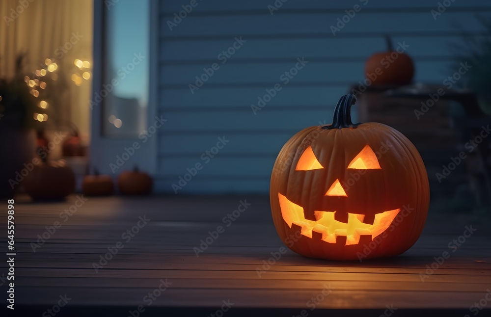 the wooden steps leading to the house are adorned with lively orange jack-o'-lantern pumpkins and Halloween decorations, illuminating the surroundings. the wooden steps leading to the house are adorned with lively orange jack-o'-lantern pumpkins and Halloween decorations, illuminating the surroundings.