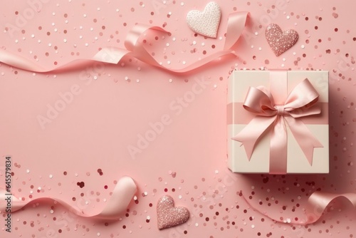 Top view photo of st valentine's day decorations white giftbox with bow pink curly ribbon small hearts and sequins on isolated pastel pink background with empty, Generative AI © Ananya