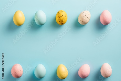 Easter celebration concept. Top view photo of colorful easter eggs in row on isolated pastel blue background with blank space, Generative AI