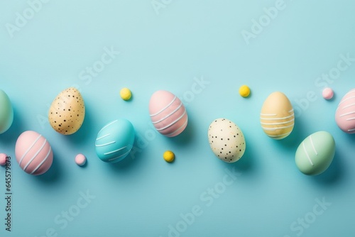 Easter celebration concept. Top view photo of colorful easter eggs in row on isolated pastel blue background with blank space, Generative AI