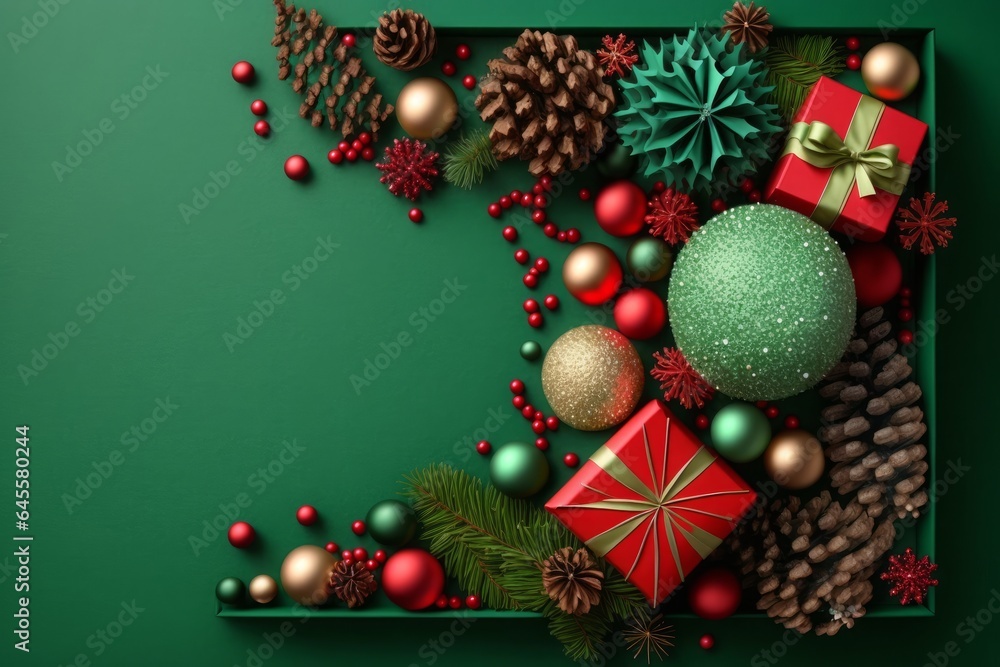 Christmas Day concept. Top view photo of big present box green red baubles gold star ornament pine cone mistletoe berries snow and fir branches on isolated green background, Generative AI