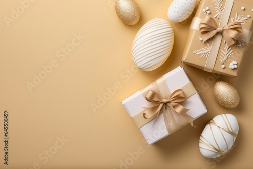 Easter celebration concept. Top view photo of white and gold easter eggs and craft paper gift boxes with twine bows on isolated beige background with, Generative AI