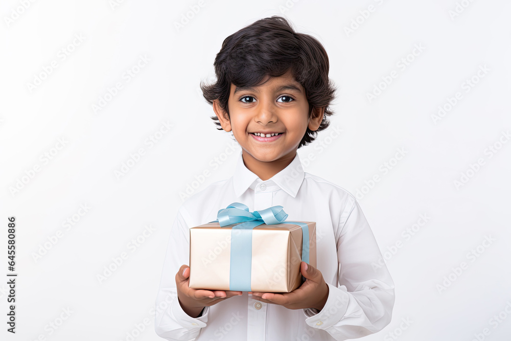 Portrait of a happy young Indian boy holding a wrapped gold gift box with a blue bow Portrait of a happy young Indian boy holding a wrapped gold gift box with a blue bow
