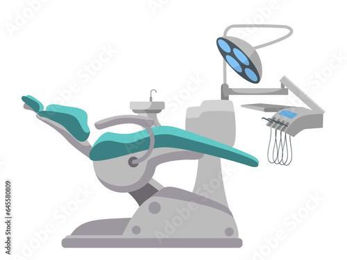 Stomatology chair and accessories for dental clinic. Dentist, teeth, tooth, doctor, orthodontist,  Vector illustration on white background. 