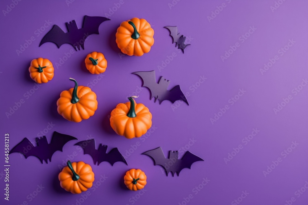 Top view photo of halloween decorations small pumpkins and bats silhouettes on isolated violet background with empty space, Generative AI