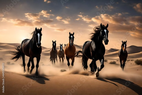 black horses in desert