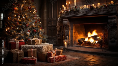 New Year's tree with presents in front of the old fireplace from which the fire burns, Santa Claus and New Year's morning are welcomed