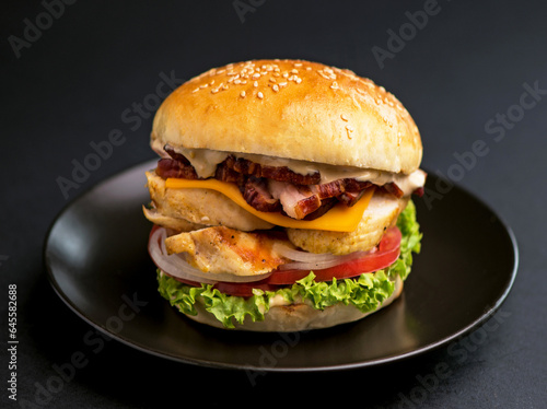 Big tasty burger with beef patty, lettuce, bacon and pickle on black background