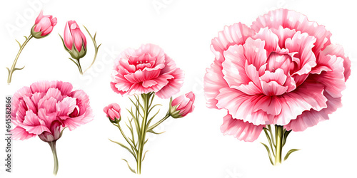 Beautiful wedding wreath with pink carnation wildflowers watercolor elements set © Teerawan