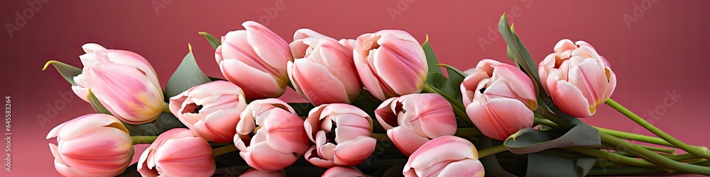 Fototapeta premium tulips on pink background, copy space