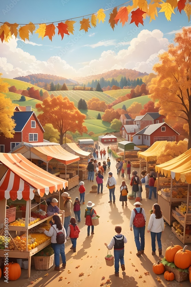Envision a bustling farmers' market in the heart of town. Vendors' stalls are laden with baskets of apples, jars of honey, and bouquets of sunflowers. The air is filled with the aroma of freshly baked
