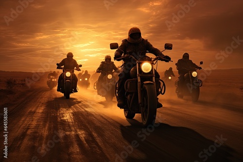 Group of bikers man riding speed motorcycle on empty motion road against beautiful golden sunset with dusky sky. Motorbike sports riding fast and having fun driving.