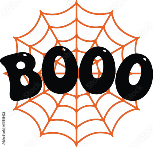 Halloween Design, boo ghost saying, halloween print, black and orange color, boo word isolated on spider web.