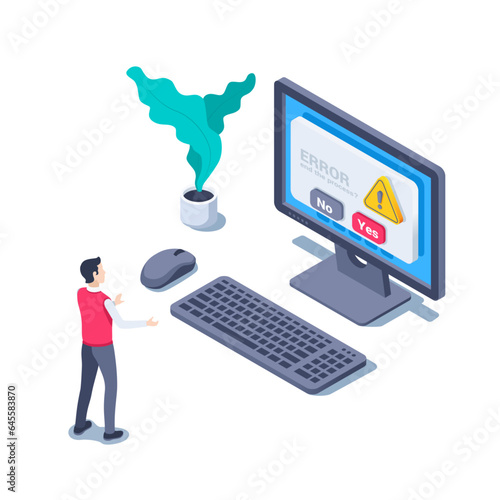 isometric vector illustration isolated on white background, man at a loss in front of computer and message on tap error finish process ?