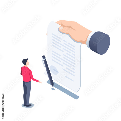 isometric vector illustration on a white background, the hand of a business man holds a contract in front of another man, the signing of a document or the conclusion of a contract