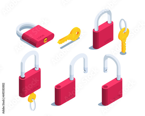 isometric vector illustration isolated on white background, locks and key icons set, closed and open, protection or security