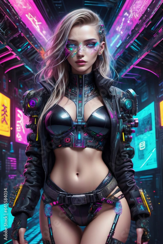 Beautiful Cyberpunk Female character. Female cyborg with futuristic hairstyle and makeup  Cyberpunk metaverse character. Concept art.