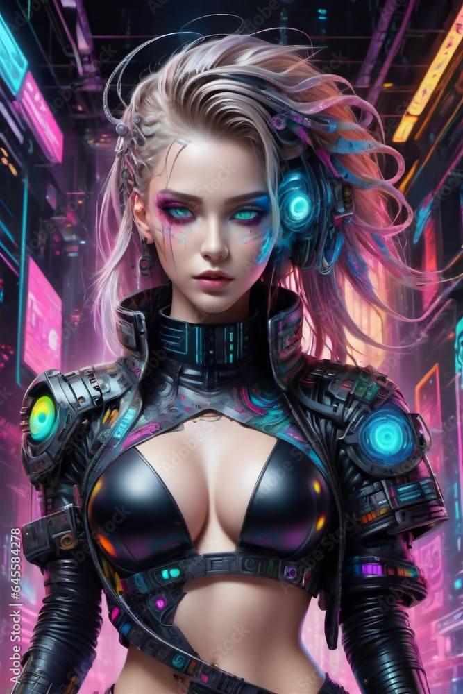 Beautiful Cyberpunk Female character. Female cyborg with futuristic hairstyle and makeup, Cyberpunk metaverse character. Concept art. Beautiful Cyberpunk Female character. Female cyborg with futuristic hairstyle and makeup, Cyberpunk metaverse character. Concept art.
