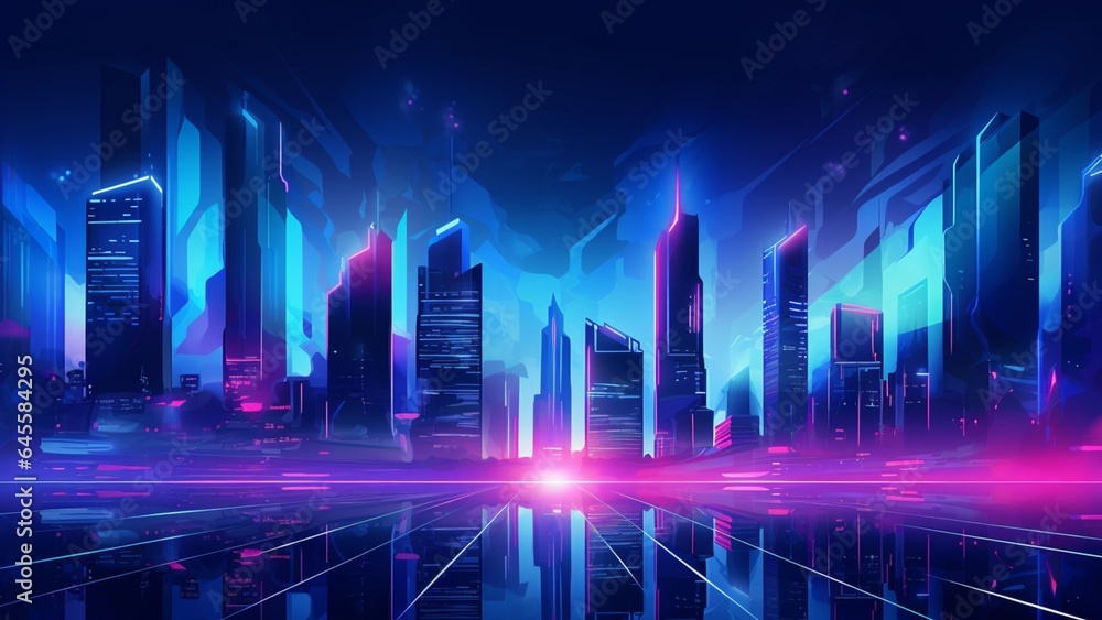  Blue and purple backgrounds are filled with buildings. 
