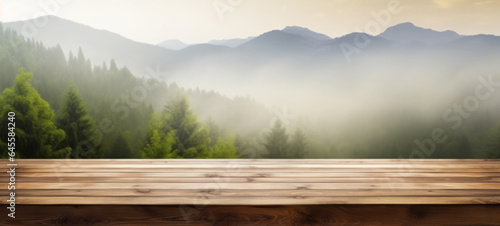 Empty wooden table rustic in front of against misty forest in the mountains nature with sky background with copy space, blank for text ads, and graphic design.