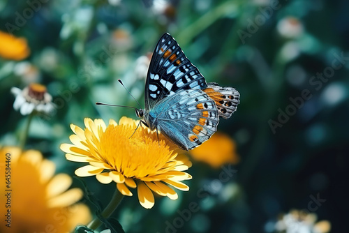 A beautiful butterfly on the yellow flower. 
