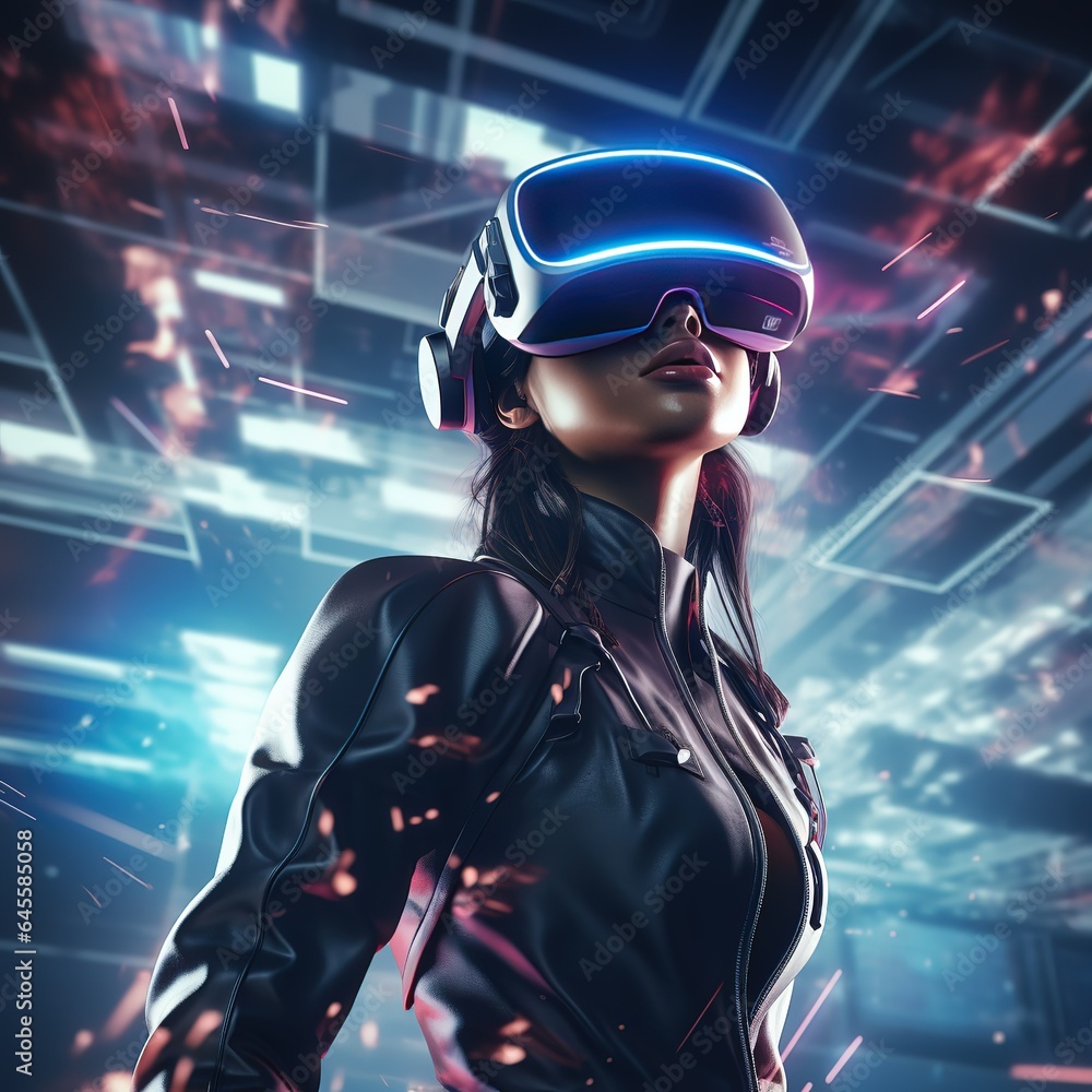 A modern woman in neon light. Digital virtual technologies.