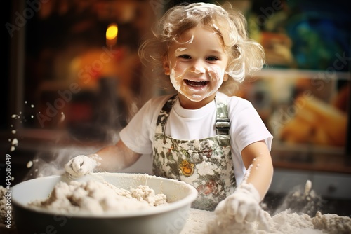 A child is in the kitchen preparing food. A happy kid is engaged in baking flour and dough.