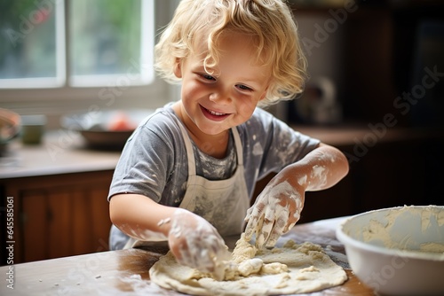 A child kneads flour dough in the kitchen. A happy child with a smile is preparing food for the family.