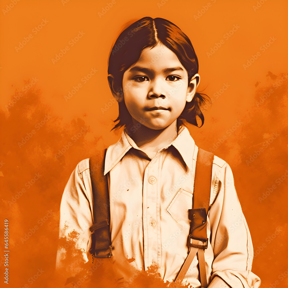 A Native North American child wearing an old uniform school. Every Child Matter. Orange Day. National day for Truth and Reconciliation (ai generated) A Native North American child wearing an old uniform school. Every Child Matter. Orange Day. National day for Truth and Reconciliation (ai generated)