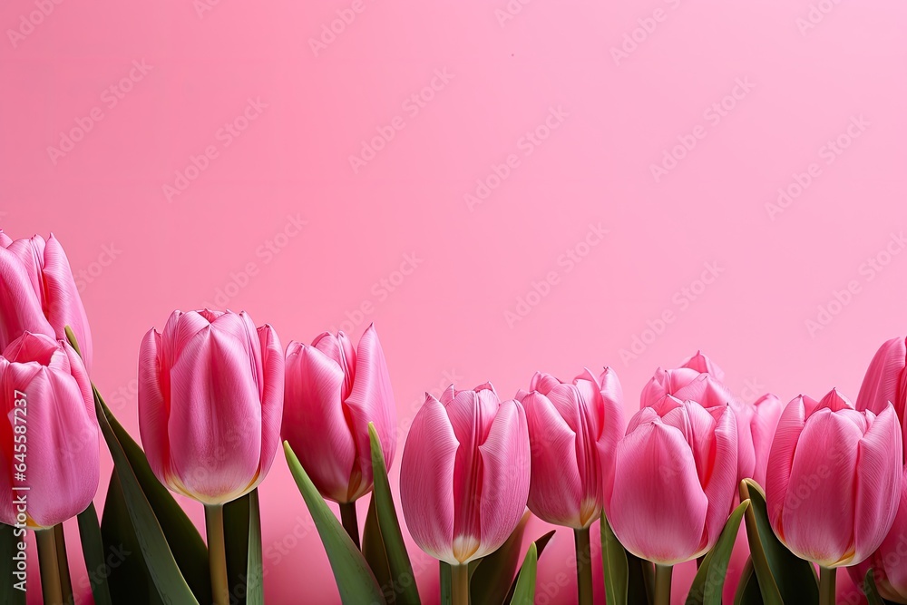 Fototapeta premium pink tulips tulips on pink background, copy space